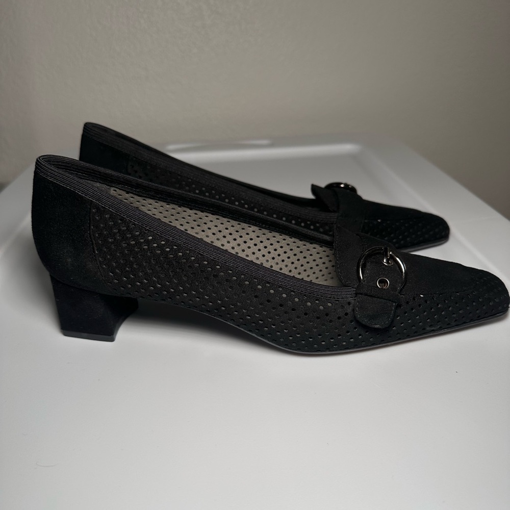 Stuart Weitzman Mesh Suede Kitten Heel Pumps with Buckle - Picture 3 of 7
